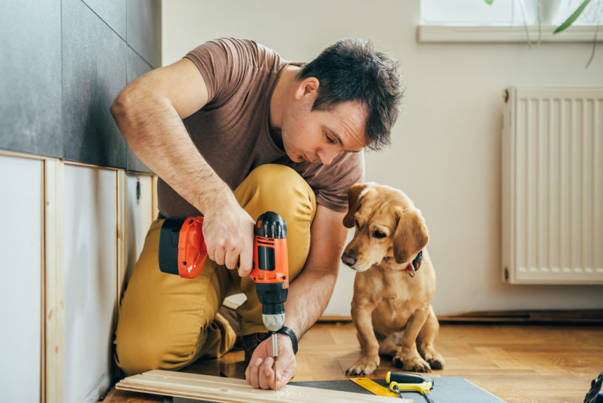 man working on home with a very cute puppy