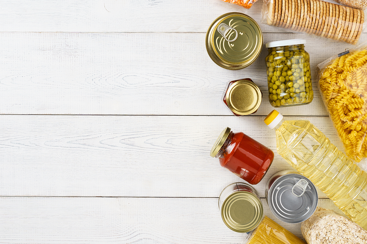 nonperishable foods in cans, oil, and pasta
